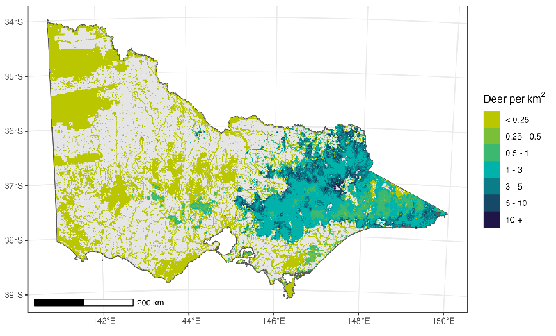 Spatial variation in Sambar deer density map. The greatest density of deer are in the East and North East of Victoria