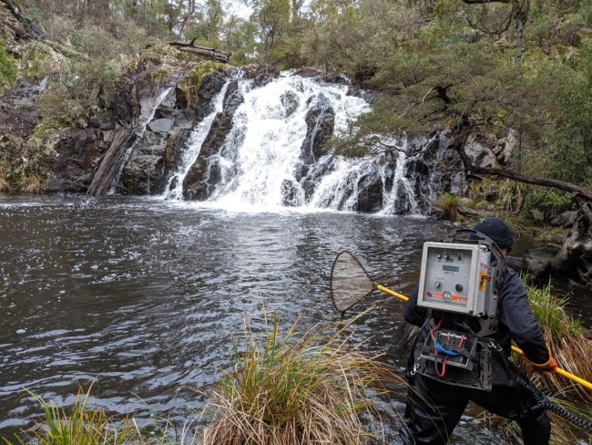 Person carrying backpack at a waterfall