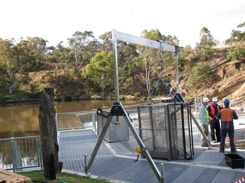 Dights Falls fishway - fish cage ready for survey