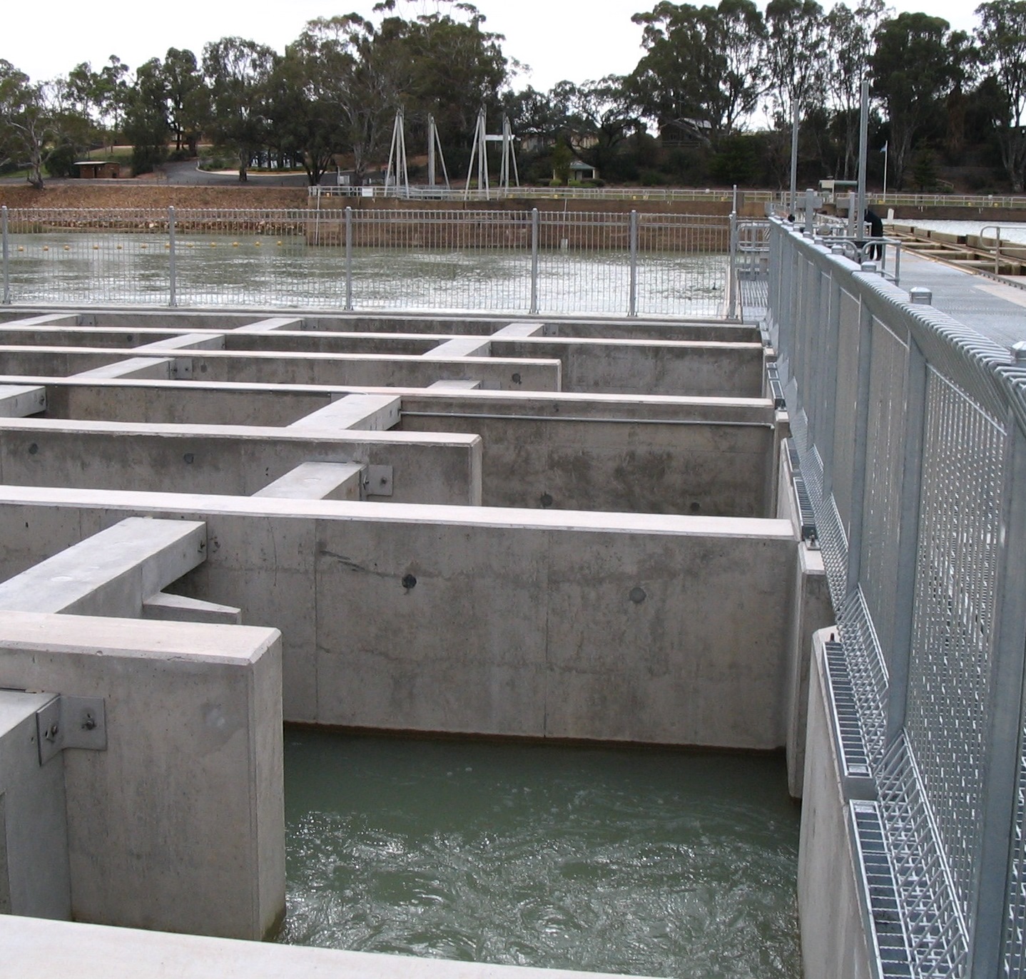 A vertical slot fishway, made up of a series of concrete chambers