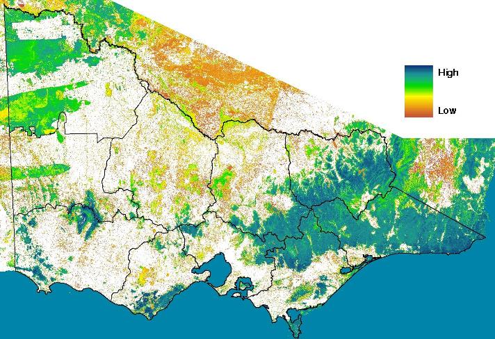 Map of vegetation condition across Victoria (low: brown, high: blue)