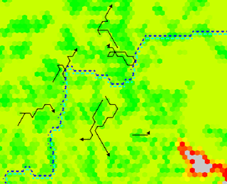 dingo movements (black arrows) simulated in relation to landscape characteristics (colours of hexagon codify different levels of habitat suitability) and landscape features (dotted line indicates a dog-proof fence).