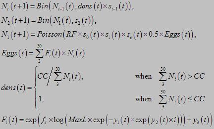 Equations that are part of a model used to assess impacts of various management options on fish