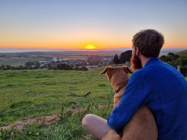 man and dog watching the sunset