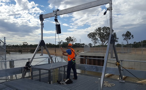 Raising a fish cage in a fishway during a survey